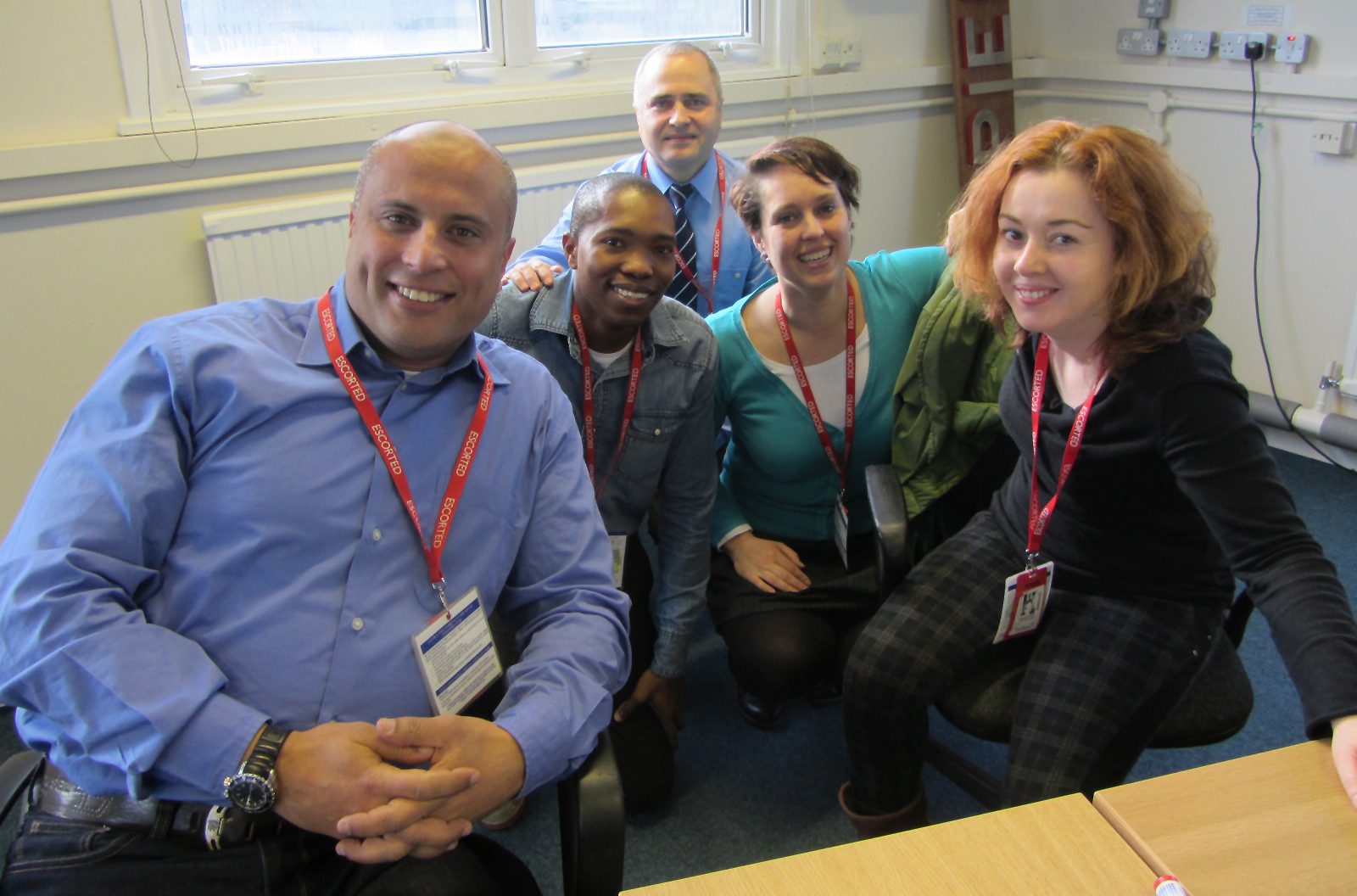Some of the training course delegates enjoying their mid-morning break!
				From left to right: Tamer Nada; Mlungisi Buthelezi; Costica Furnica; Martien Coolgem; Elizaveta Ratner